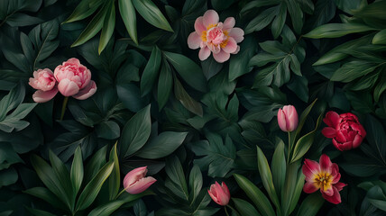 Lifelike artistic floral pattern in real photo style, vivid peonies and tulips surrounded by leafy foliage, dark backdrop with texture and depth