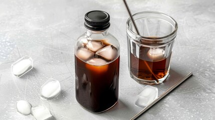 Iced Coffee Delight: Refreshing dark brew with cubes and a straw, displayed on a textured grey surface in minimalist style.
