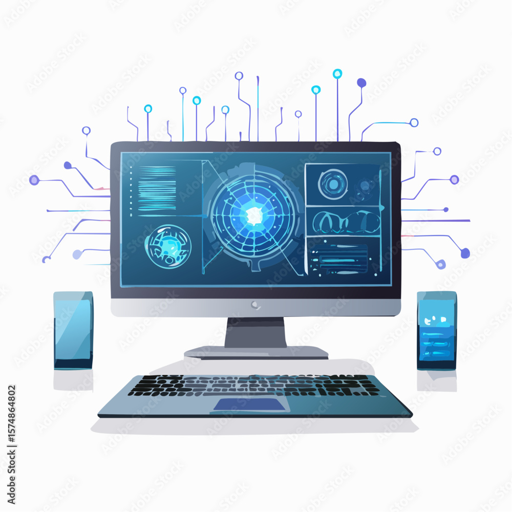 Poster futuristic desktop computer with digital interface and two smartphones connected by circuit lines