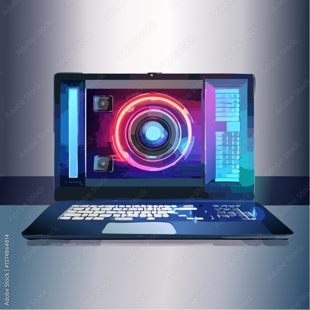 Poster futuristic laptop with camera lens display and keyboard design