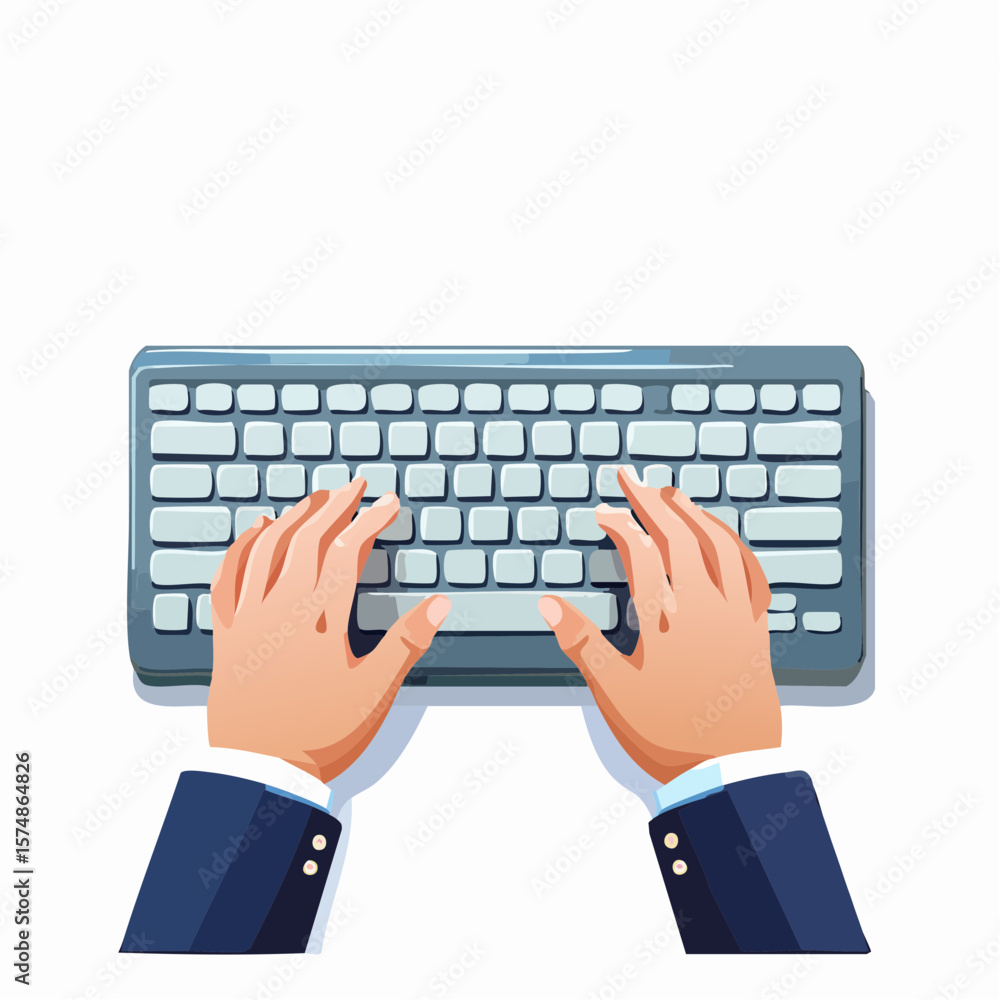 Poster hands typing on a keyboard topdown view flat design style