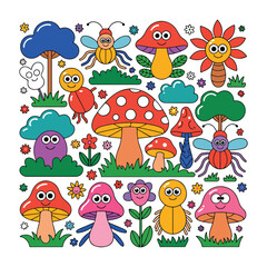 Naklejka premium Whimsical cartoon forest creatures and mushrooms nature