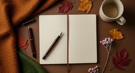 Warm Autumn Flat Lay with Notebook, Coffee, and Nature Elements