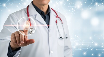 Doctor Touching Digital Fingerprint for Advanced Medical Identification and Secure Health Data Access