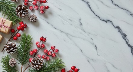 Festive Arrangement of Holiday Decorations on Marble Surface