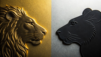 Lion and mouse artistic reliefs face each other with glowing golden and dark metallic textures creating dramatic and powerful visual contrast