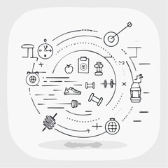 Obraz premium Illustrated Fitness and Wellness Elements Arranged in a Circular Composition