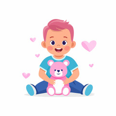 Obraz premium Joyful Toddler with Pink Teddy Bear and Hearts