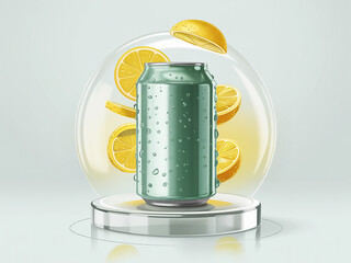Cold lemon soda can with water drops in a protective bubble stage