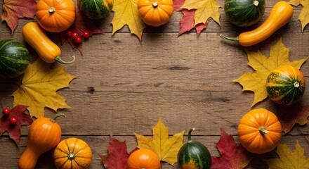 Autumn Harvest with Colorful Pumpkins and Maple Leaves on Wood