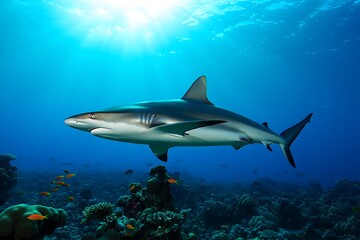 Fototapeta premium Majestic Grey Reef Shark Gliding Through Clear Tropical Ocean Waters Above Vibrant Coral Reef