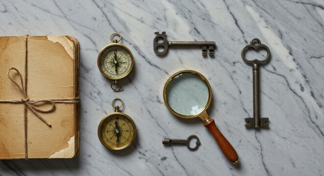 Vintage Compass and Magnifying Glass on Marble Surface with Keys