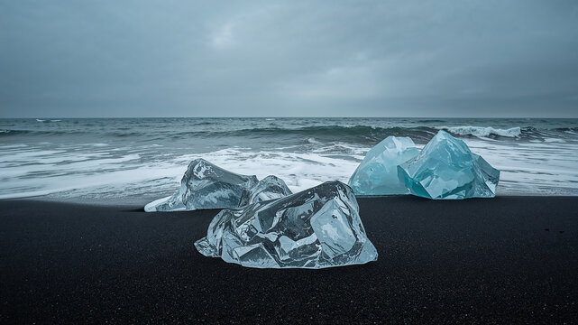 Icebergs melting on black sand beach under cloudy sky - Powered by Adobe