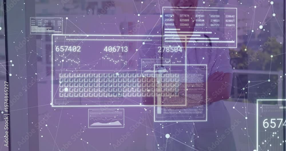 Poster healthcare worker crossing arms starting network overlay updating data panels and checking metrics