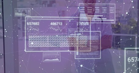 Healthcare worker crossing arms starting network overlay updating data panels and checking metrics - Powered by Adobe