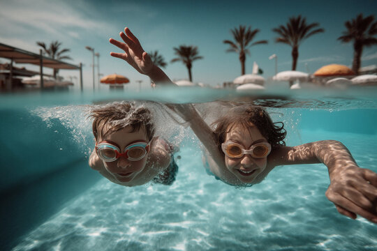 two children jumping into a pool on holiday having fun: