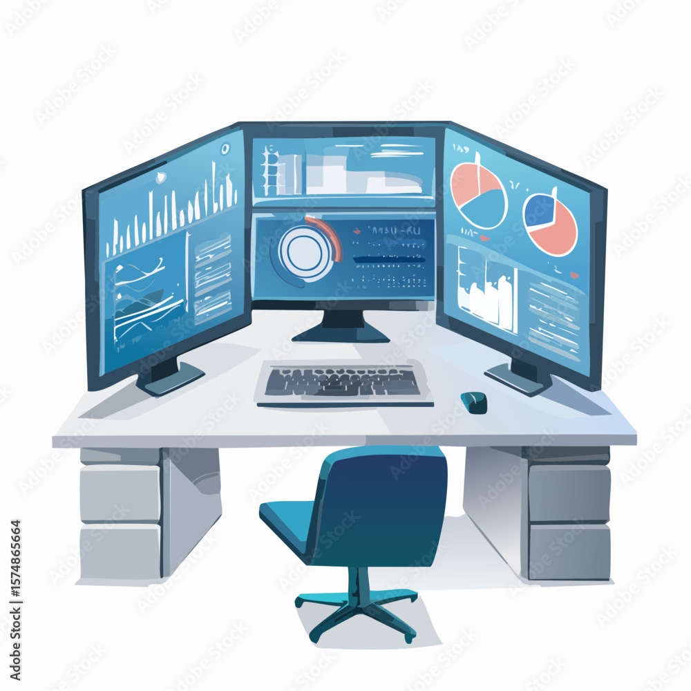 Poster modern office desk with triple monitors displaying data analysis charts
