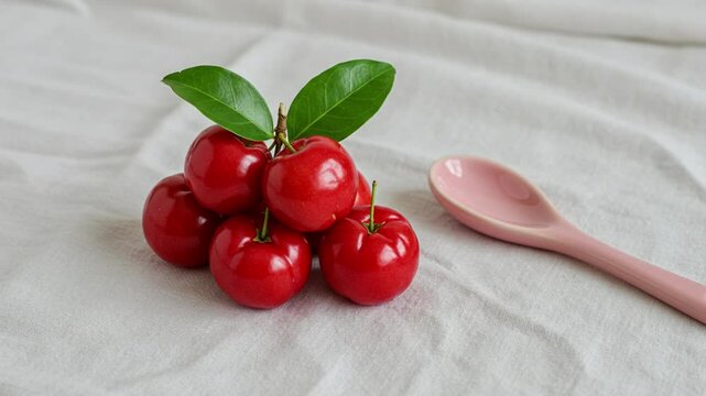 Still life of red acerola cherries with green leaves and pink spoon