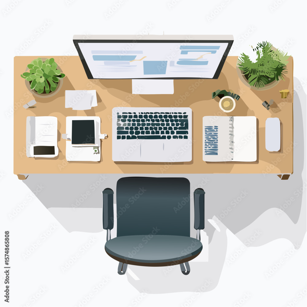 Poster overhead view of a modern workspace with computer plants and chair