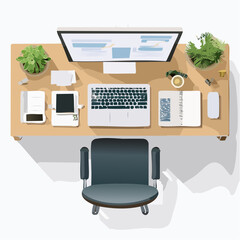 Overhead View of a Modern Workspace with Computer Plants and Chair