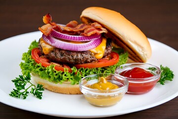 Delicious Bacon Cheeseburger with Fresh Lettuce Tomato and Onion on a Bun