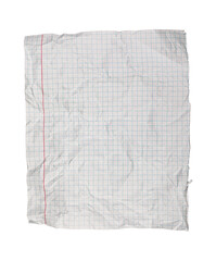 A crumpled torn checkered paper on a white background fits educational themes. Its rugged texture serves as a visual aid for recycling or math lessons.