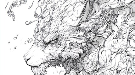 Intricate line drawing of a majestic wolf's head, adorned with swirling, cloud-like patterns.