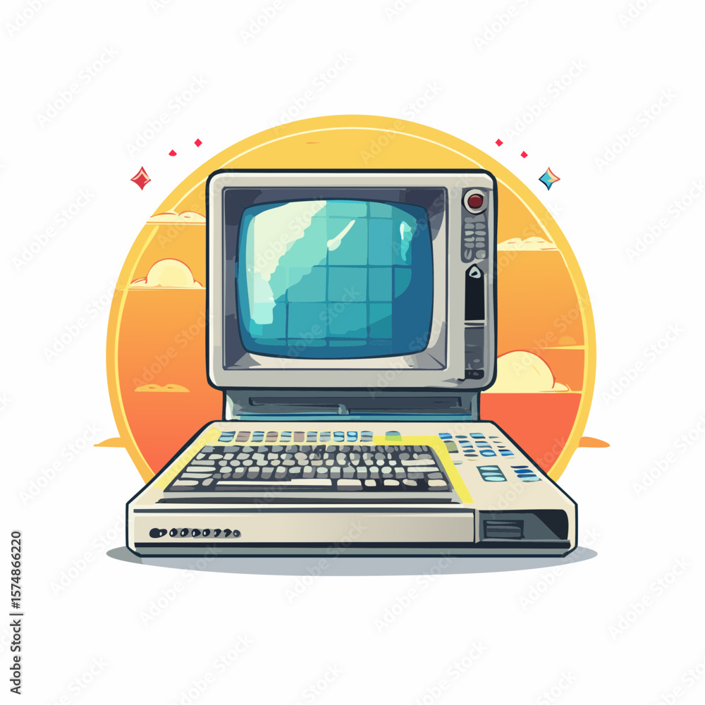 Fototapete Retro Computer with Colorful Display and Sunset Background
