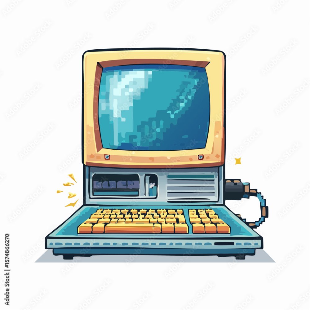 Poster retro pixelated computer with vintage keyboard