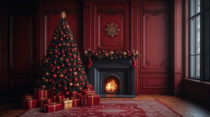 A Christmas tree and presents adorn a luxurious burgundy room