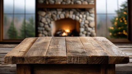 Rustic wooden table set in a cozy Christmas setting featuring a glowing fireplace and a beautifully decorated tree nearby