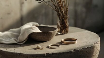 Tranquil Composition of Jewelry, Bowl, and Dried Lavender on a Round Concrete Table in Soft, Warm Light Creates an Elegant Still Life.