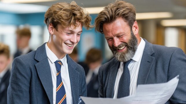 Two men in suits review papers, smiling happily