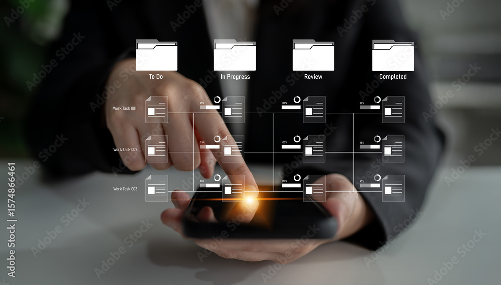 Poster task workflow system showing document progress through stages. task tracking improves productivity, 