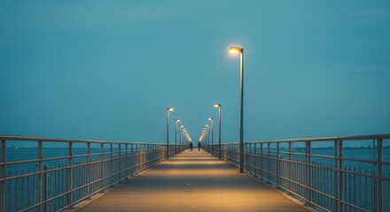 A lonely figure walks a pier at twilight