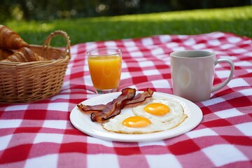 Delicious Outdoor Breakfast Spread with Eggs Bacon Croissants and Orange Juice