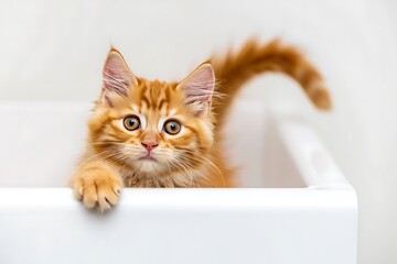 Adorable Orange Kitten Peeking Over the Edge of a White Container with Sparkles