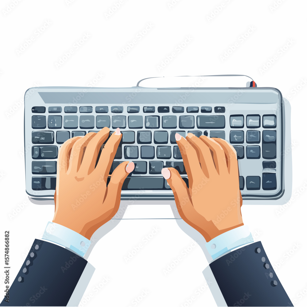 Poster two hands typing on a computer keyboard topdown view