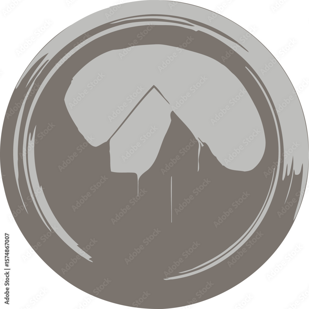 Poster grey and brown circular icon with abstract arrow shape and metallic brushstroke texture circle
