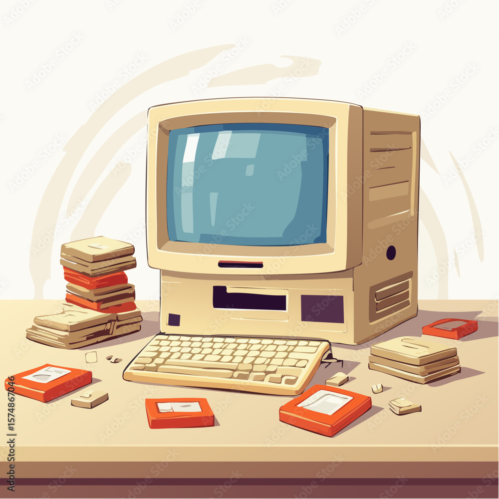 Poster vintage computer and disks depicted in retro style illustration