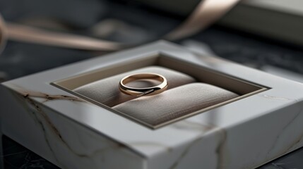 An elegant gold wedding ring with small diamonds displayed in a luxurious marble box with silky ribbons and soft light.