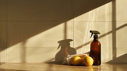 Natural Cleaning: Sunlit Still Life with Lemon, Spray Bottle, and Cloth on a Tiled Surface Creating a Warm Environment.
