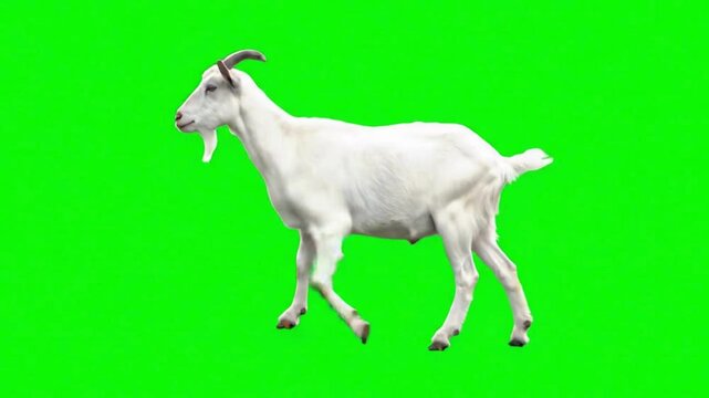 White Goat Walking on Green Screen Background