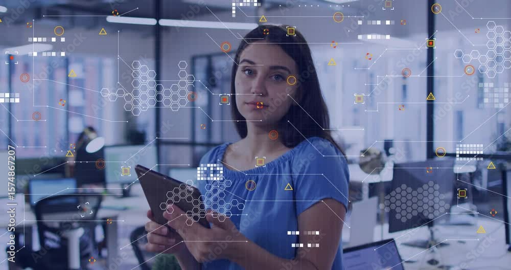 Poster woman tapping, swiping tablet in office summoning tech ui with hex nodes for analyzing metrics