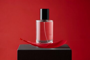 A Clear Glass Perfume Bottle with a Red Feather on a Black Pedestal against a Red Background