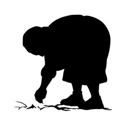 Vector drawing. Old woman in the field