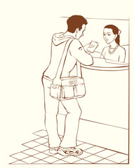 Vector illustration. Dialogue between the customer and cashier