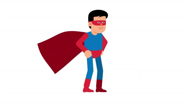 Cartoon superhero character standing in heroic pose with hands on hips and red cape blowing in the wind. Flat 2D animation isolated