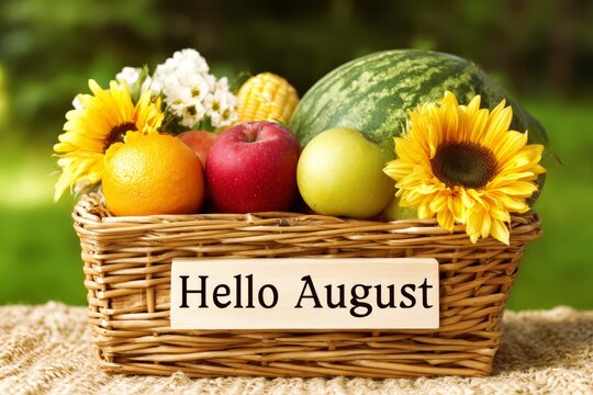 Hello August Background Banner. Fresh Fruits and Flowers in a Basket Welcoming the Month of August with Bright Colors and Natural Beauty - Powered by Adobe