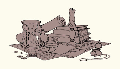 Vector still life: books, compass, hourglass